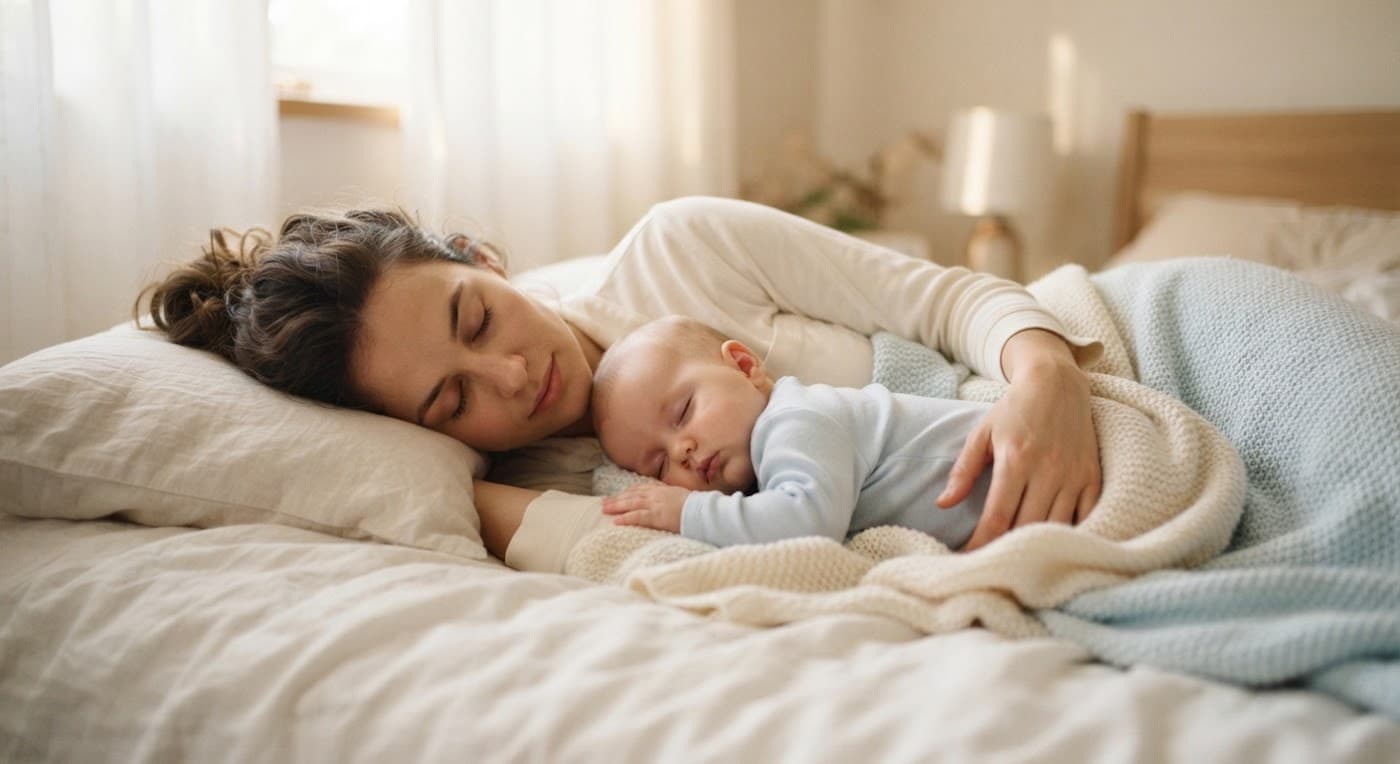 Mãe e bebê dormindo juntos, em luz suave de manhã